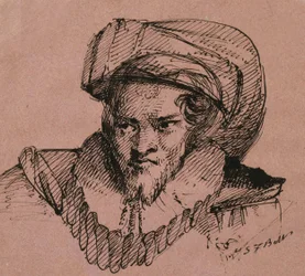 Férfi feje tollas kalappal, 1840 (toll és fekete tinta rózsaszín szőtt papíron)